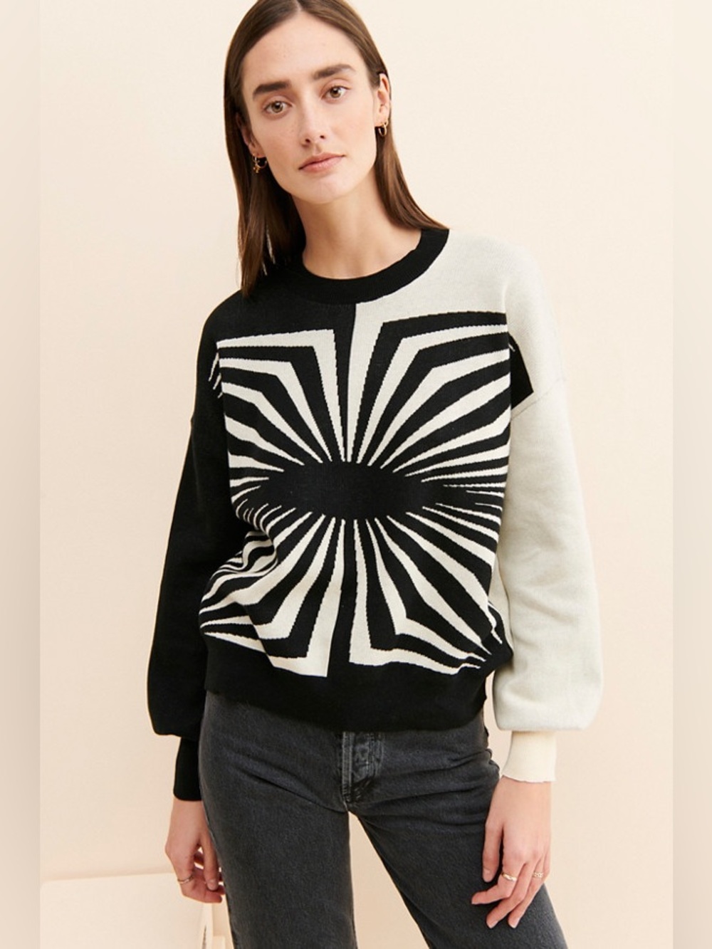 ANOTHER GIRL Women’s Colorblock Geo Knit Cotton Sweater in Black/White